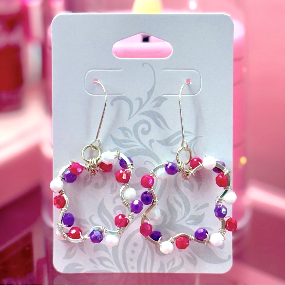 Handmade Earrings Handcrafted With Love Silver Pink Purple White Design